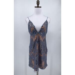 Free People Blue Sequin Night Shimmer V Neck Mini Slip Party Dress Sz 2